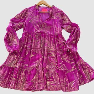 Lilly Pulitzer Pink and Gold Metallic Long Sleeved, Tiered Showstopper Dress
